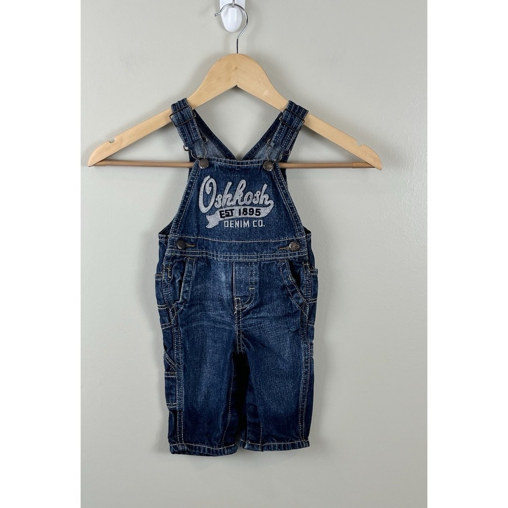 OSHKOSH Boys Overalls Blue Denim Gray Felt Lettering Cotton 3-6‎ Months